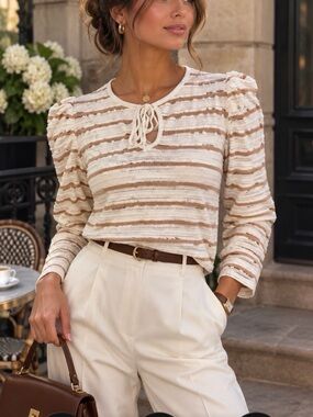 LOFT White and Tan Striped Tie-Neck Long Sleeve Top #Fall fashion